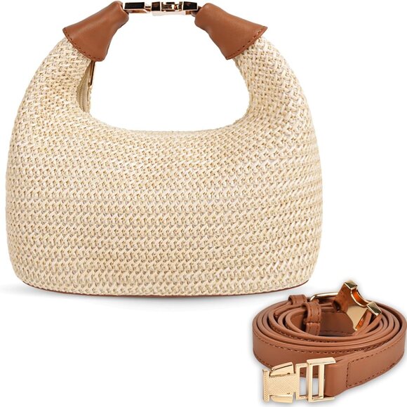 Women’s Raffia Straw Woven Crossbody Bucket Beach Bag with Adjustable Leather St - Picture 1 of 7